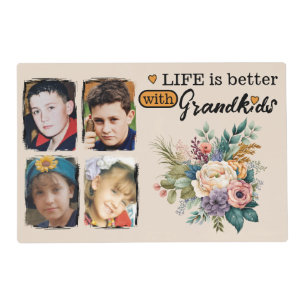 Custom 4 photo grandkids floral orange placemat