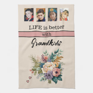 Custom 4 photo grandkids floral pink kitchen towel