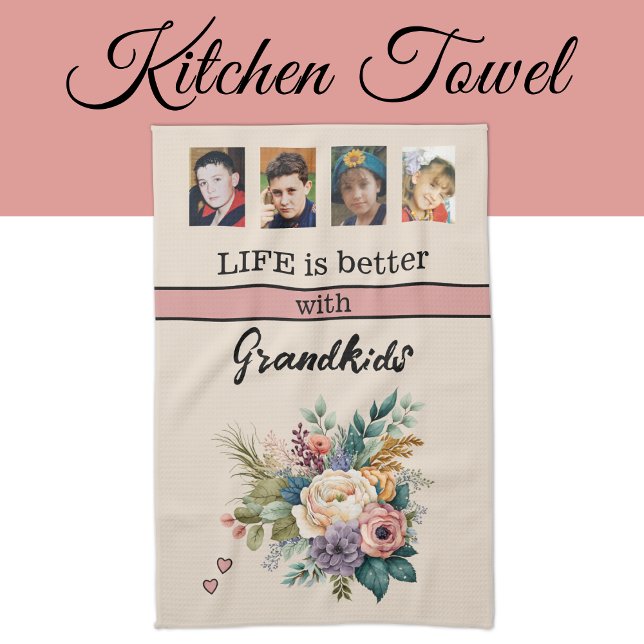 Custom 4 photo grandkids floral pink kitchen towel (Creator Uploaded)