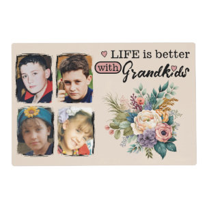Custom 4 photo grandkids floral pink placemat