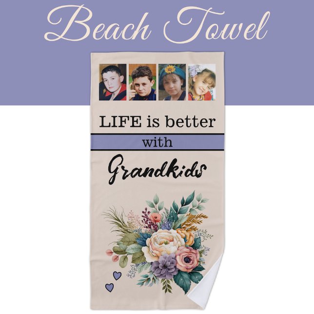 Custom 4 photo grandkids floral purple beach towel (Creator Uploaded)