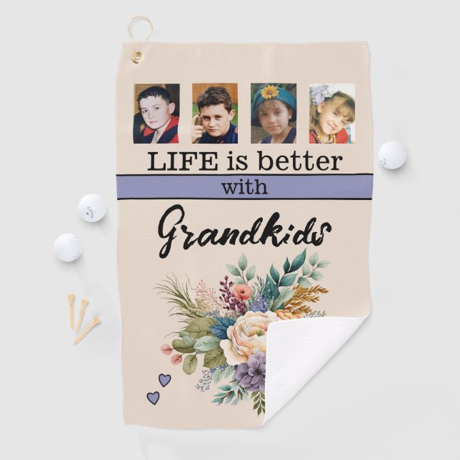 Custom 4 photo grandkids floral purple golf towel (InSitu)