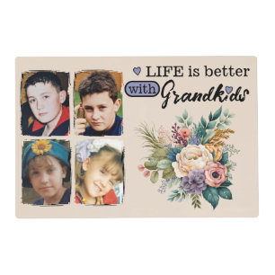 Custom 4 photo grandkids floral purple placemat