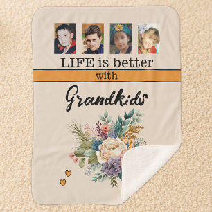 Custom 4 photo grandkids flowers orange sherpa blanket