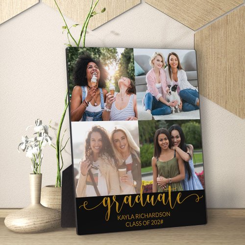 Custom 4 Photo Grid Collage Gold Graduate Plaque