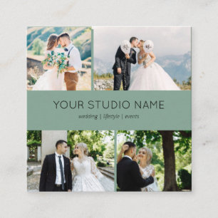 Custom 4 Photo Minimalist Photographer Sage Green Square Business Card