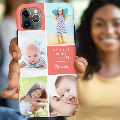Custom 4 Photo Mom Life is the Best Life Coral iPhone 11 Pro Max Case