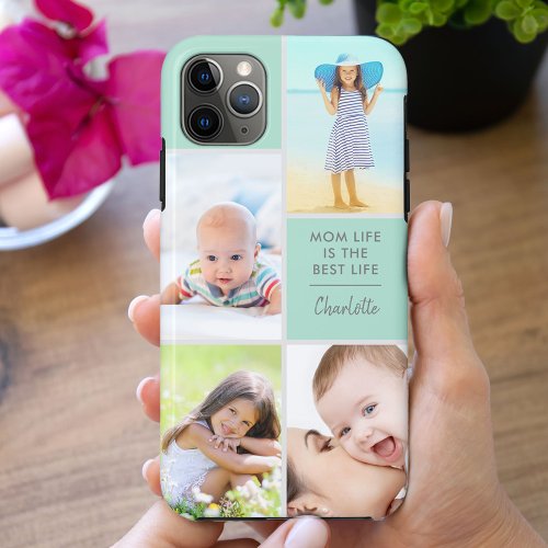 Custom 4 Photo Mom Life is the Best Life Green iPhone 11 Pro Max Case