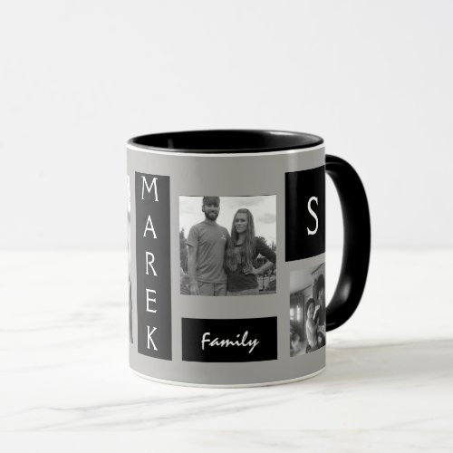 Custom 4 Photo Monogrammed Black Grey Mens Mug