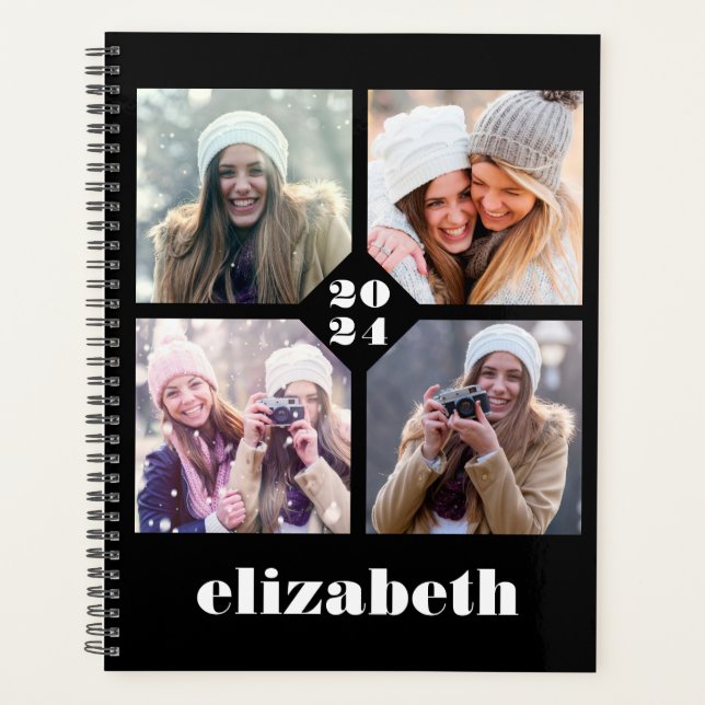 Custom 4-Photo Personalized Black White 2024 Planner (Front)