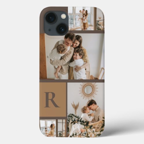 Custom 4 Photos Brown Monogram iPhone 13 Case