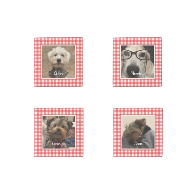 Custom 4 Photos Country Red Buffalo Check Plaid Stone Magnet (Front)