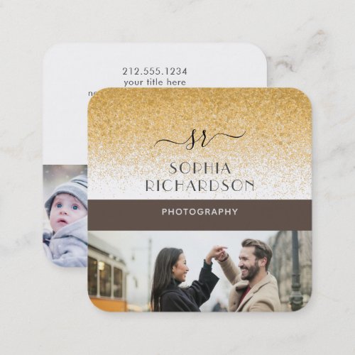 Custom 4 Photos Gold Glitter Monogrammed Square Business Card