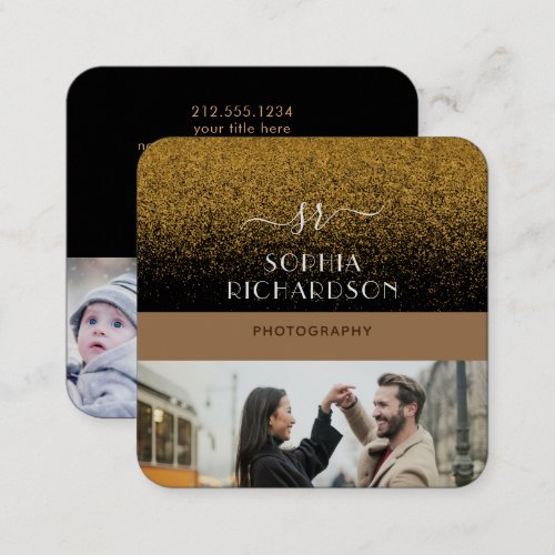 Custom 4 Photos Gold Glitter Signature Monogram Square Business Card