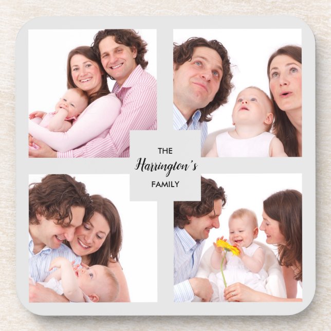 Custom 4 Section Family Photo Collage Square Frame Beverage Coaster (Front)