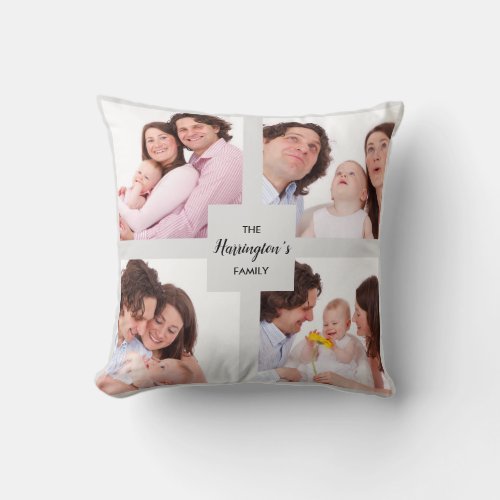 Custom 4 Sections Family Photos Collage Gray Frame Throw Pillow