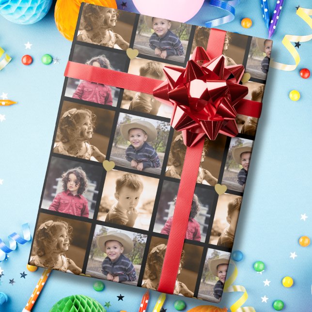 Custom 4 Square Photo Collage Black And Gold Wrapping Paper (Creator Uploaded)