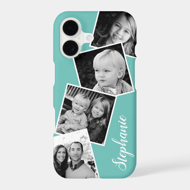 Custom 4 Square Photo Collage Teal Custom Name Case-Mate iPhone Case (Back)