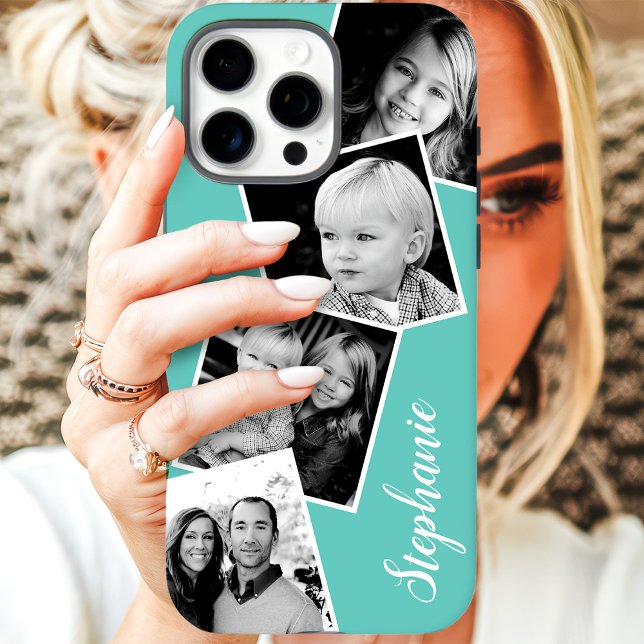 Custom 4 Square Photo Collage Teal Custom Name Case-Mate iPhone Case (Creator Uploaded)
