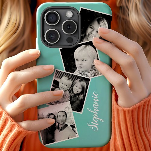 Custom 4 Square Photo Collage Teal Custom Name iPhone 11 Case