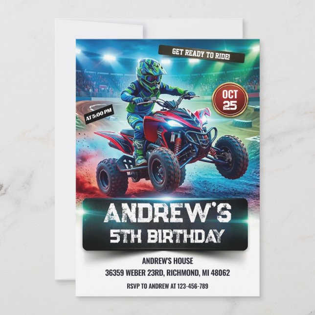 Custom 4 Wheeler ATV Birthday Party for boy Invitation (Front)