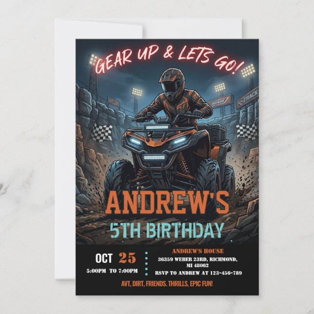 Custom 4 Wheeler ATV Birthday Party for boy Invitation (Front)