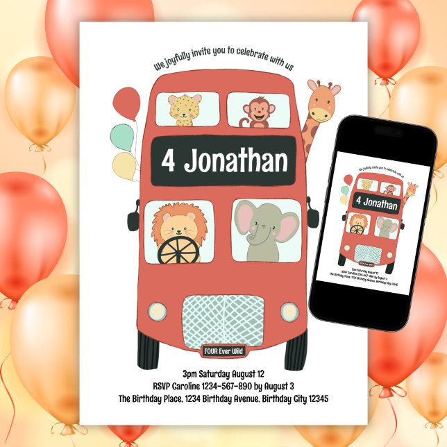 Custom 4th Birthday FOUR Ever Wild Boho Safari Bus Invitation (Creator Uploaded)