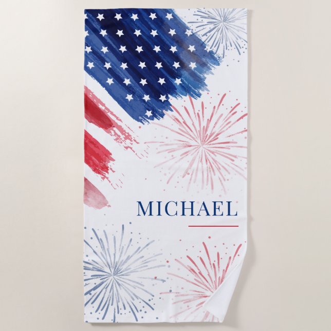 Custom 4th of July Beach Trip Red White Blue Beach Towel (Front)
