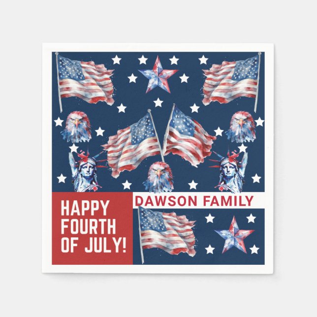 Custom 4th of July Watercolor Family Name Napkins (Front)