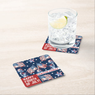 Custom 4th of July Watercolor Family Name Square Paper Coaster