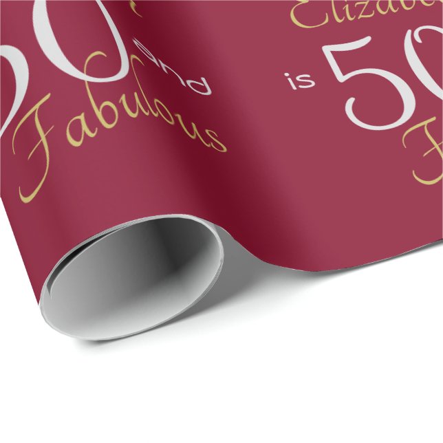 Custom 50 and Fabulous Gold Red 50th Birthday  Wrapping Paper (Roll Corner)