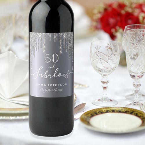 Custom 50 fabulous birthday glitter silver sparkle wine label