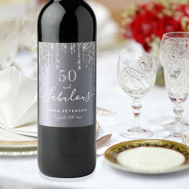 Custom 50 fabulous birthday glitter silver sparkle wine label (Creator Uploaded)