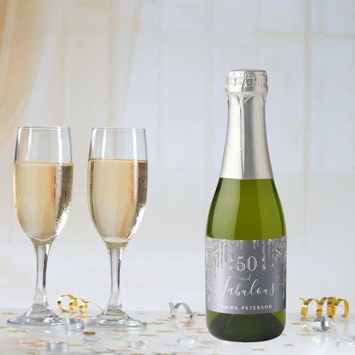 Custom 50 fabulous birthday glitter sparkle silver sparkling wine label