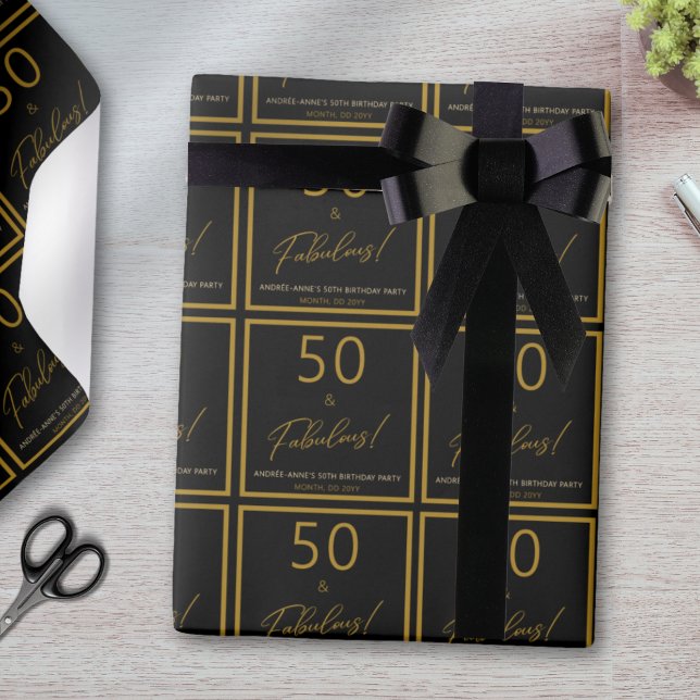Custom 50 Fabulous Birthday Gold Black  Wrapping Paper (Creator Uploaded)