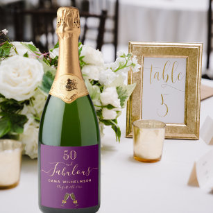 Custom 50 fabulous birthday party purple gold glam sparkling wine label