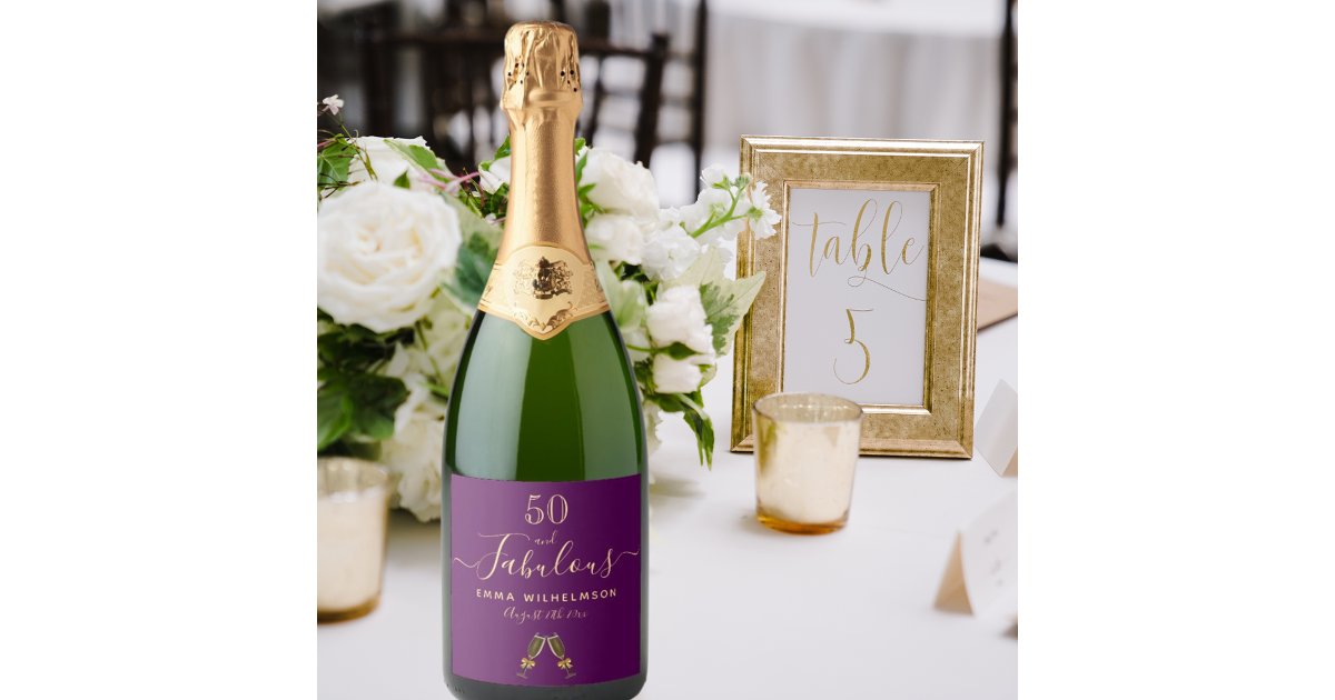 Custom 50 fabulous birthday party purple gold glam sparkling wine label ...
