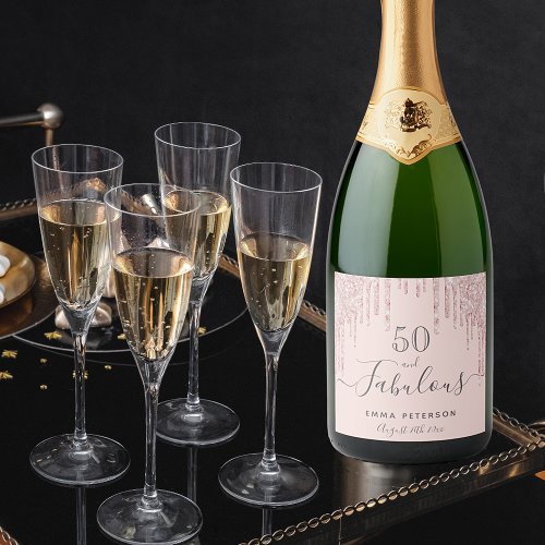 Custom 50 fabulous birthday rose gold glitter pink sparkling wine label