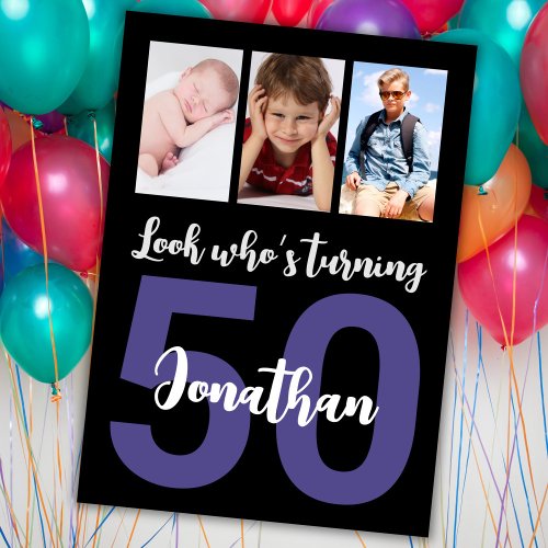 Custom 50th Birthday Black Modern Photo Collage Invitation