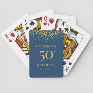 Custom 50th birthday blue gold confetti favor poker cards