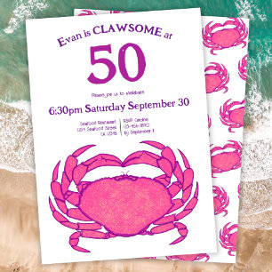 Custom 50th Birthday Bold Pink Crab Seafood Pun Invitation