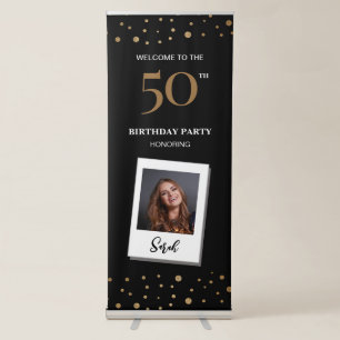 Custom 50th Birthday Confetti Black gold Photo Retractable Banner