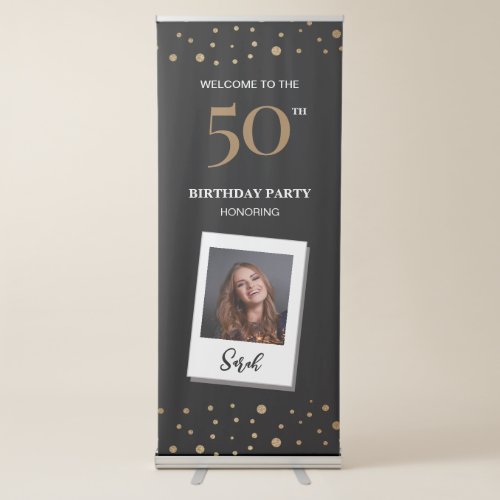 Custom 50th Birthday Confetti Black gold Photo Retractable Banner