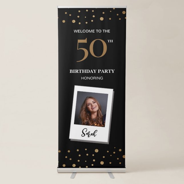 Custom 50th Birthday Confetti Black gold Photo Retractable Banner (Front)