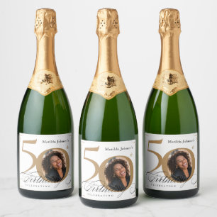 Custom 50th Birthday Elegant Gold White Photo Sparkling Wine Label