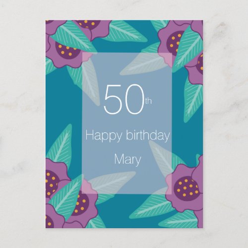 custom 50th birthday floral blue name modern  holiday postcard