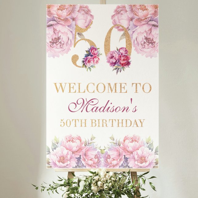 Custom 50th Birthday Gold Glitter Pink Peonies Foam Board (Creator Uploaded)