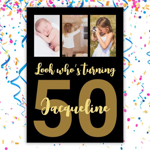 Custom 50th Birthday Gold Modern Photo Collage Invitation