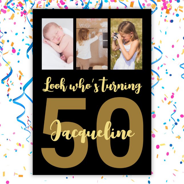 Custom 50th Birthday Gold Modern Photo Collage Invitation (Creator Uploaded)
