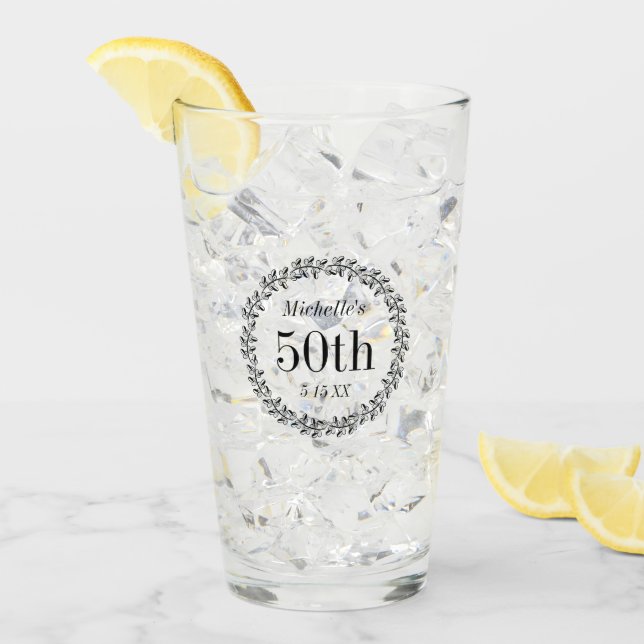 Custom 50th Birthday Leaf Wreath Glass Cup (Front Ice)